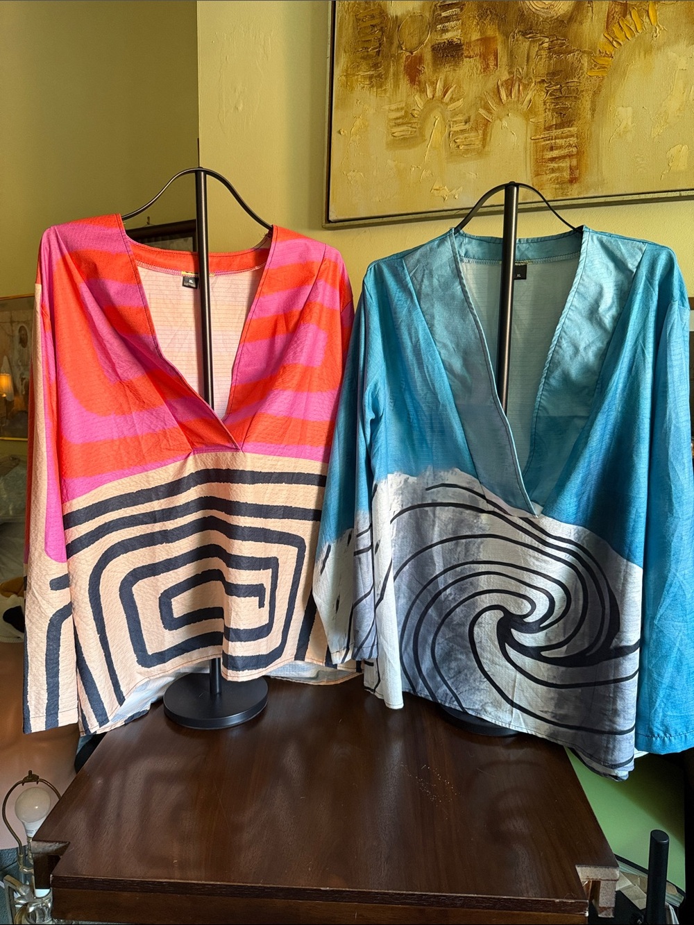 2 GEOMETRIC ART TUNICS XL